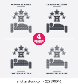 Five star Hotel apartment sign icon. Travel rest place. Sleeper symbol. Diagonal and horizontal lines, classic outline, dotted texture. Pattern design icons.  Vector