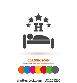 Five star Hotel apartment sign icon. Travel rest place. Sleeper symbol. Classic flat icon. Colored circles. Vector