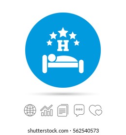 Five star Hotel apartment sign icon. Travel rest place. Sleeper symbol. Copy files, chat speech bubble and chart web icons. Vector
