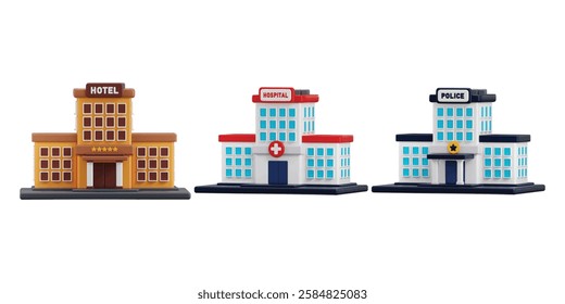 Five star hotel building and hospital building and police station building icon set 3d render