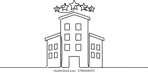 Five star hotel building icon drawn in a single continuous line art style for travel and luxury accommodation branding concepts and hospitality industry graphic design Continuous Line Art Vector Illustration