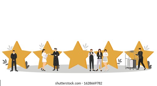 Five Star Hotel Flat Color Vector Illustration. Luxury Hospitality Service. Security, Doorman, Porter. Administrator, Waiter, Housekeeper. Staff Isolated Cartoon Characters On White