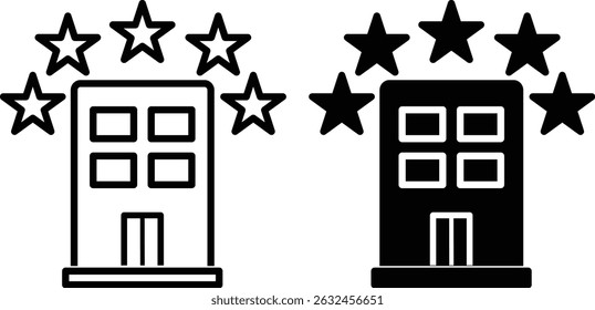 Five star hotel icon set.  hotel icon. Hotel building line icon,two buildings with stars on them. The hotels is 5 star. 
