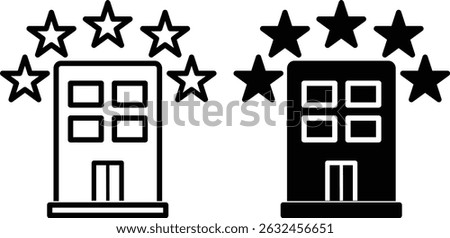 Five star hotel icon set.  hotel icon. Hotel building line icon,two buildings with stars on them. The hotels is 5 star. 
