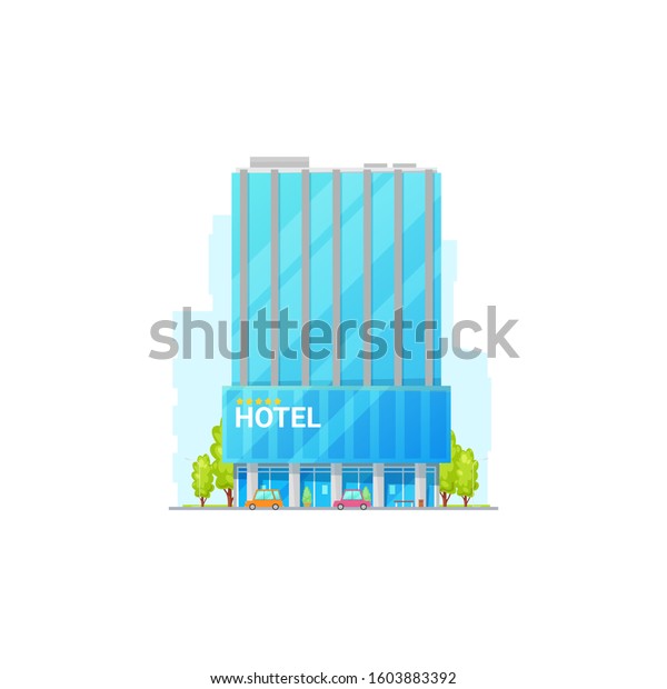 Five star hotel\
isolated exterior building. Vector multi-storey guesthouse or\
hostel with trees and\
cars