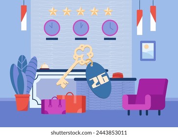 Five star hotel reception desk vector illustration. Hotel hospitality concept with room key, luggage and waiting area at reception