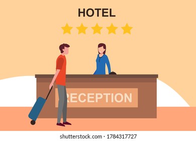 Five star hotel reception vector concept: man carrying luggage while checking in at the hotel receptionist desk happily