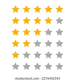 Five star icon. Quality symbol. 5 gold rating signs. Service feedback symbols. Hotel ranking icons. Yellow and gray color. Vector isolated sign.