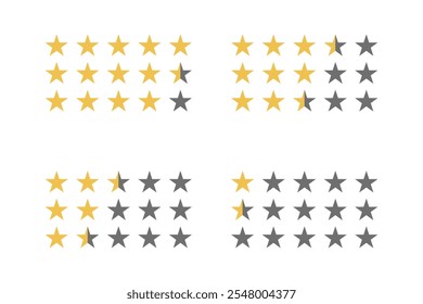 Five star icon review. Golden 5 stars rank. Isolated rate half star isolated on white background. 