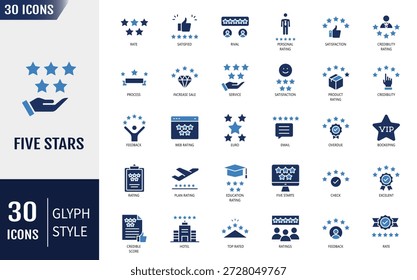 Fünf-Sterne-Symbolsatz. 5 Sterne, Bewertung, Zufriedenheit, Prämie, Feedback, Qualitätsbewertungen und mehr. Vektorgrafik