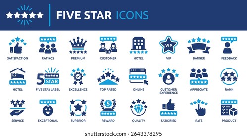 Five star icon set. Containing satisfaction, review, rating, premium, quality, 5 star, feedback, excellence and more. Solid vector icons collection.