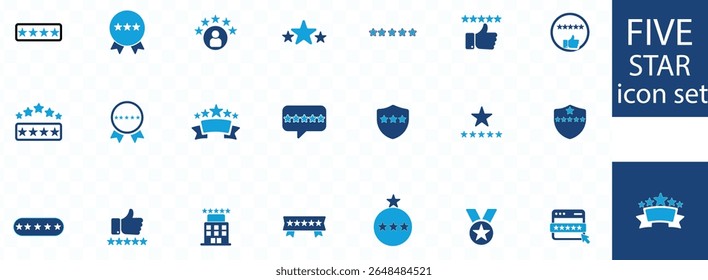 Five star icon set. satisfaction, review, rating, premium, quality, 5 star, feedback, excellence and more