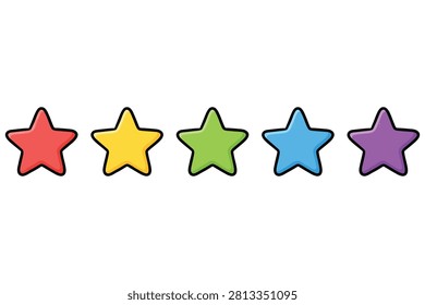 Five star icons in red yellow green blue and purple colors aligned horizontally