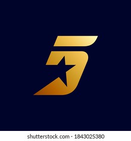 Five star logo. Number 5 and star shape with flat logo concept in gradient gold color