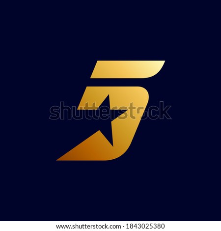 Five star logo. Number 5 and star shape with flat logo concept in gradient gold color