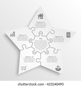 Five Star Piece Flat Puzzle Round Infographic Presentation. 5 Step Circle Business Diagram. Five Section Compare Service Banner. Vector Illustration Template Shape . 3d Abstract Background