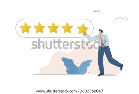 Five star quality rating ranking, Good feedback or credit, Businessman giving 5 stars to his organization or company business, Flat vector design illustration.

