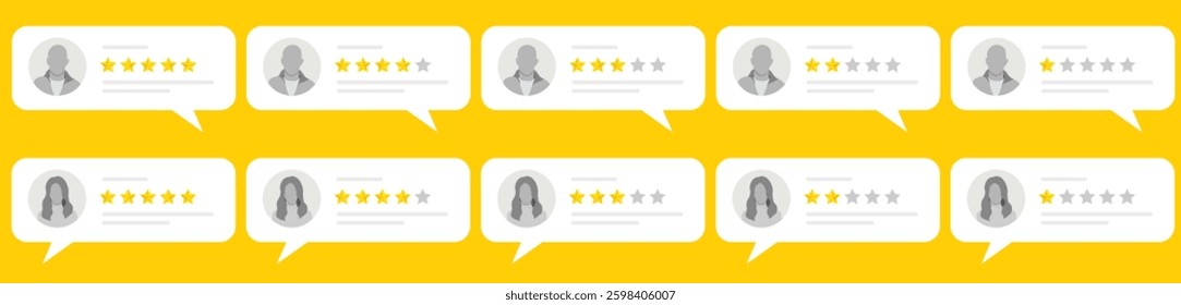 five star rating 3D icon with golden metallic stars in a speech bubble. Perfect for customer reviews, service satisfaction, business testimonials, quality assurance, and user feedback illustrations.