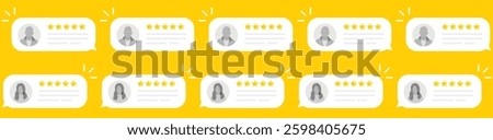 five star rating 3D icon with golden metallic stars in a speech bubble. Perfect for customer reviews, service satisfaction, business testimonials, quality assurance, and user feedback illustrations.