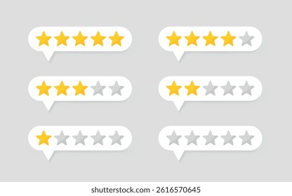 Five star rating in 3D style. Gold stars in a speech bubble representing positive customer feedback, quality service, and satisfaction. Vector illustration of excellent review