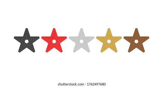 Five star rating, award symbol, winning icon, winner logo. Five stars of different colors - red, gold, silver, black and bronze