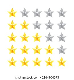Five star rating badge. The concept of rating from the user. Isolated realistic stars on a white background. Vector 3d illustration.