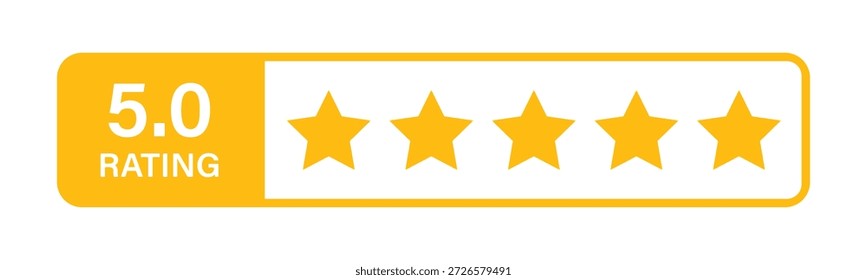 Icono de insignia de calificación de cinco estrellas que muestra una puntuación de revisión de Clientes 5.0 con estrellas amarillas y etiqueta redondeada, nivel de satisfacción máximo, Aprobación de calidad de Producto, evaluación de excelencia del servicio y concepto de Comentarios positivo del usuario