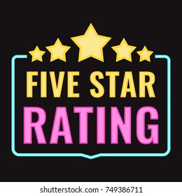 Five star rating. Badge with icons. Vector illustration with neon effect on dark background.