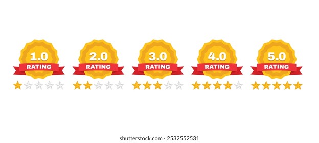 Five star rating badge. Quality rate label with ribbon, customer satisfaction levels and feedback stars. Review ratings and product ranking badges vector set.