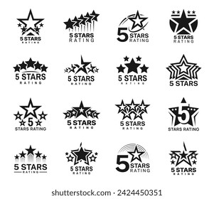 Five star rating, best award or review icons for service satisfaction and opinion, vector symbols. 5 five star top rank or top favorite and high quality feedback and positive opinion rating icons