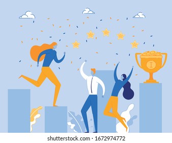 Calificación de cinco estrellas. Mejores resultados. Fácil victoria. Mujer corre vía Charts Stairs to Gold Trophy Cup llena de dinero de monedas. Socios Comerciales, Trabajadores, Amigos Partidarios Se Regocijan De La Victoria.  Ilustración vectorial