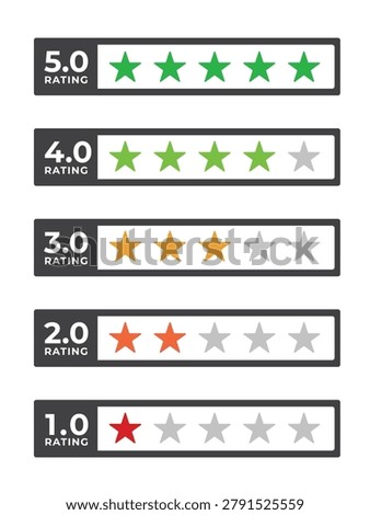 Five star rating box badges from 1 to 5 score for customer feedback, satisfaction review and evaluation