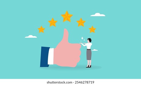 five star rating, business people placing 5 stars rating, client holding review stars concept, businesswoman standing next to big thumbs up and five star rating