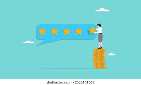 five star rating, businesswoman puts a star to give five star rating, business people placing 5 stars rating flat with flat style, client holding review stars concept