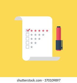 Five star rating checklist with felt tip pen on flat style. Five star rating checklist icon. Five star rating checklist symbol. Vector illustration.