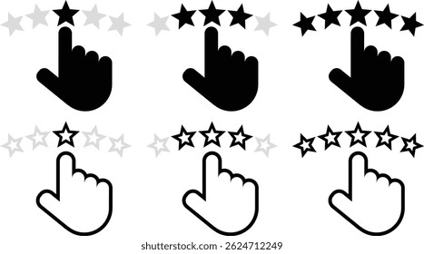 Five Star rating with click hand icon. Customer satisfaction meter with star. Give Excellent feedback digital review icon. Quality rank set. Best choice illustration. Hand touching for Rating.