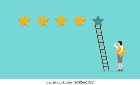five star rating, client holding review stars concept, woman puts a star to give five star rating, woman placing 5 stars rating flat with flat style