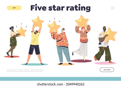 Five star rating concept of landing page with people giving high rank to service or business. Happy users, consumers or customers giving positive feedback or review. Cartoon flat vector illustration