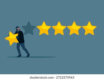 Concepto de calificación de cinco estrellas. Ladrón robando estrellas, mano de ladrón con estrella de oro. colapso del negocio. Ilustración plana de Vector