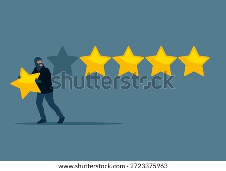 Five star rating concept. Thief stealing stars, burglar hand with gold star. business collapse. Vector flat illustration