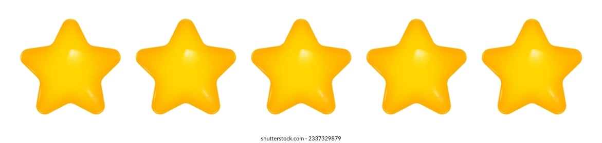 Calificación de cinco estrellas, concepto de comentarios de los clientes. 5 estrellas amarillas, brillante ilustración vectorial 3d. Clasificación, clasificación de productos, revisión. Producto mejor calificado