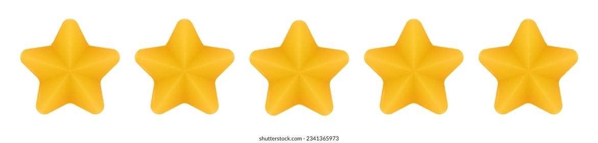 Five star rating, customer feedback concept. 5 yellow stars, glossy 3d vector illustration. Ranking, product rating, review. Top rated product