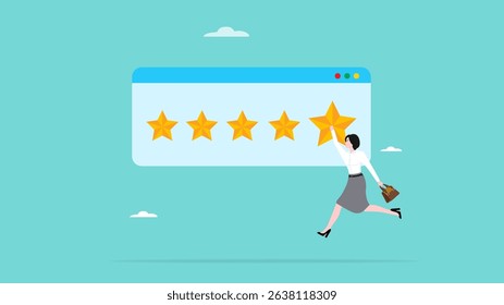 five star rating, customer satisfaction survey, client questionnaire or service quality feedback, woman customer choose a five-star rating for the experience of purchasing a product or service