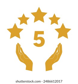 Five star rating, customer's positive review, highly rated feedback illustration with stars, hands, and number 5