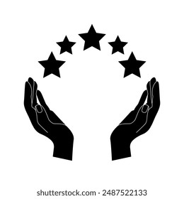 Clasificación de cinco estrellas, reseña positiva del Cliente, ilustración de Comentarios altamente calificada con estrellas y manos