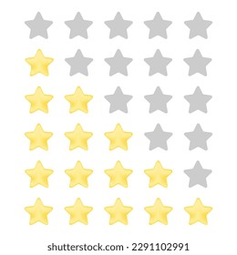 Five star rating. Different ranks from one to five stars. Golden embossed and gray transparent stars. Vector, isolated, eps 10.