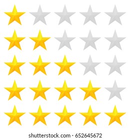 Five star rating. Different ranks from one to five stars. Golden embossed and gray transparent stars. Vector, isolated, eps 10.