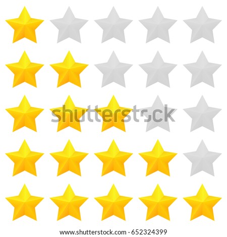 Five star rating. Different ranks from one to five stars. Golden embossed and gray transparent stars. Vector, isolated, eps 10.