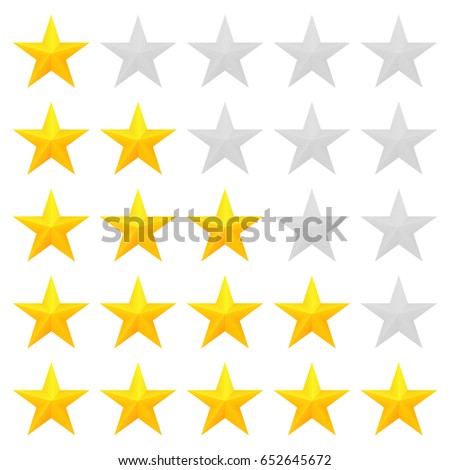 Five star rating. Different ranks from one to five stars. Golden embossed and gray transparent stars. Vector, isolated, eps 10.