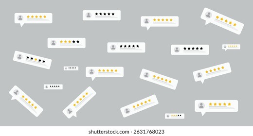 Five star rating. Five star rating displayed in a speech bubble. User comment, Feedback, Review and rate.
